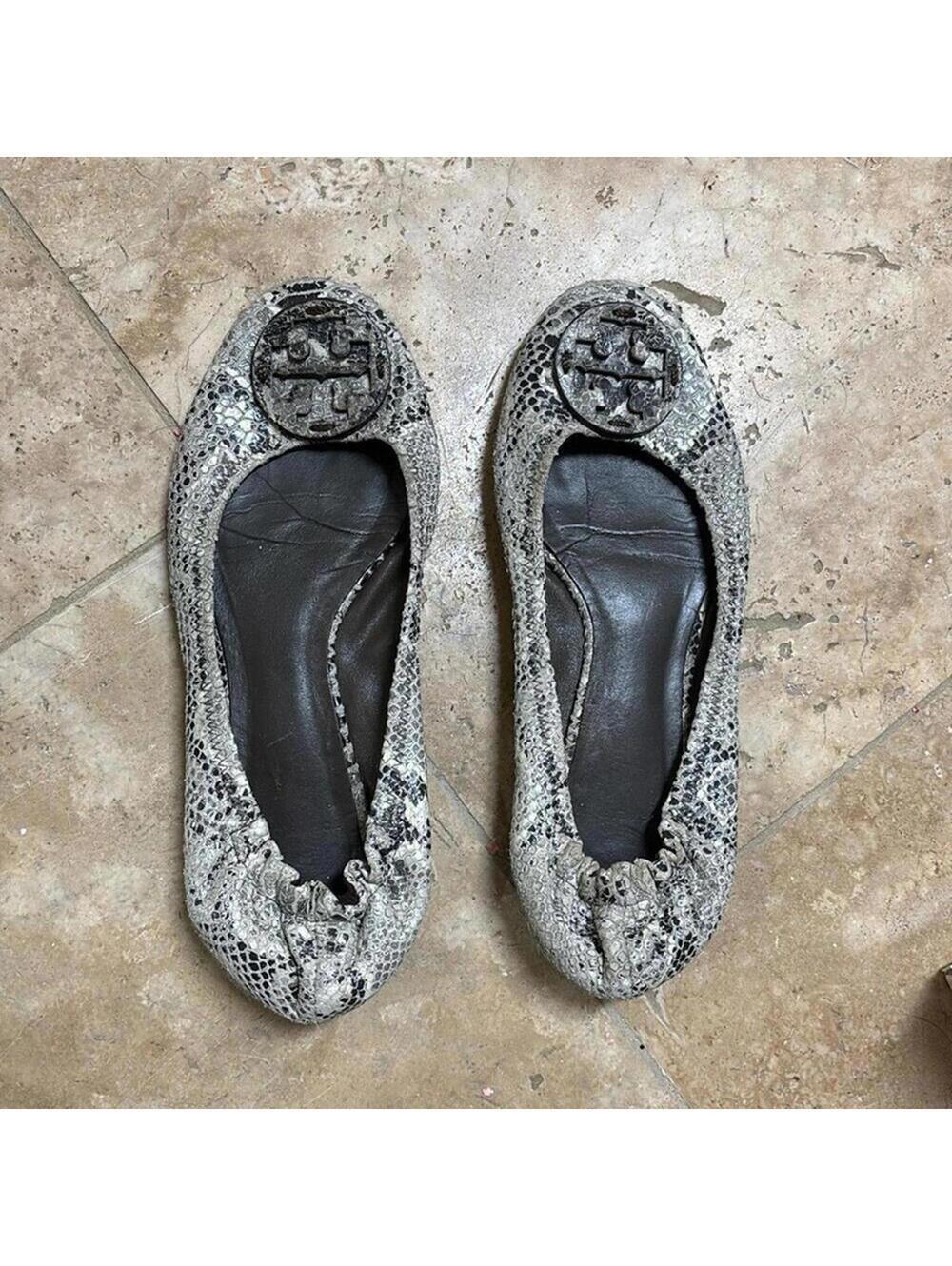 GUC Tory Burch Grey Snakeskin Python Elastic Heel Ballet Flats